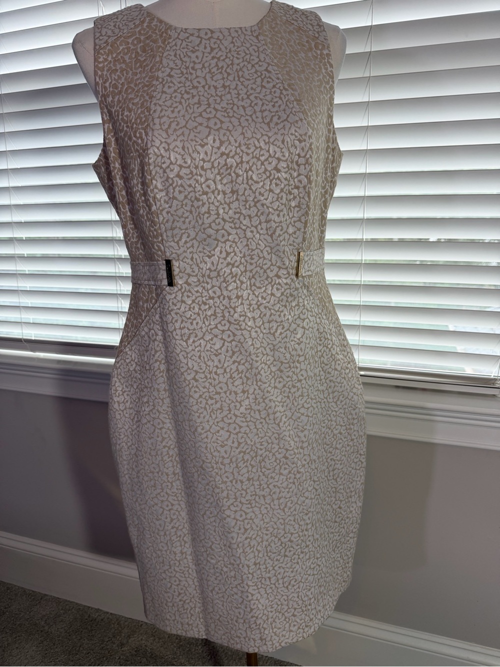Calvin Klein Ivory Sheath Dress with Gold Accents